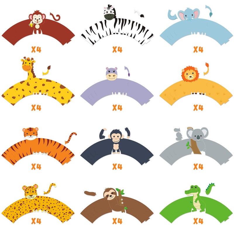 Bessmoso 48 Pcs Jungle Safari Animal Cupcake Wrappers Wild Party Cake Decorations Jungle Wild Cake Wrappers for Baby Shower Birthday Themed Decorations Safari Party Supplies - Image 4